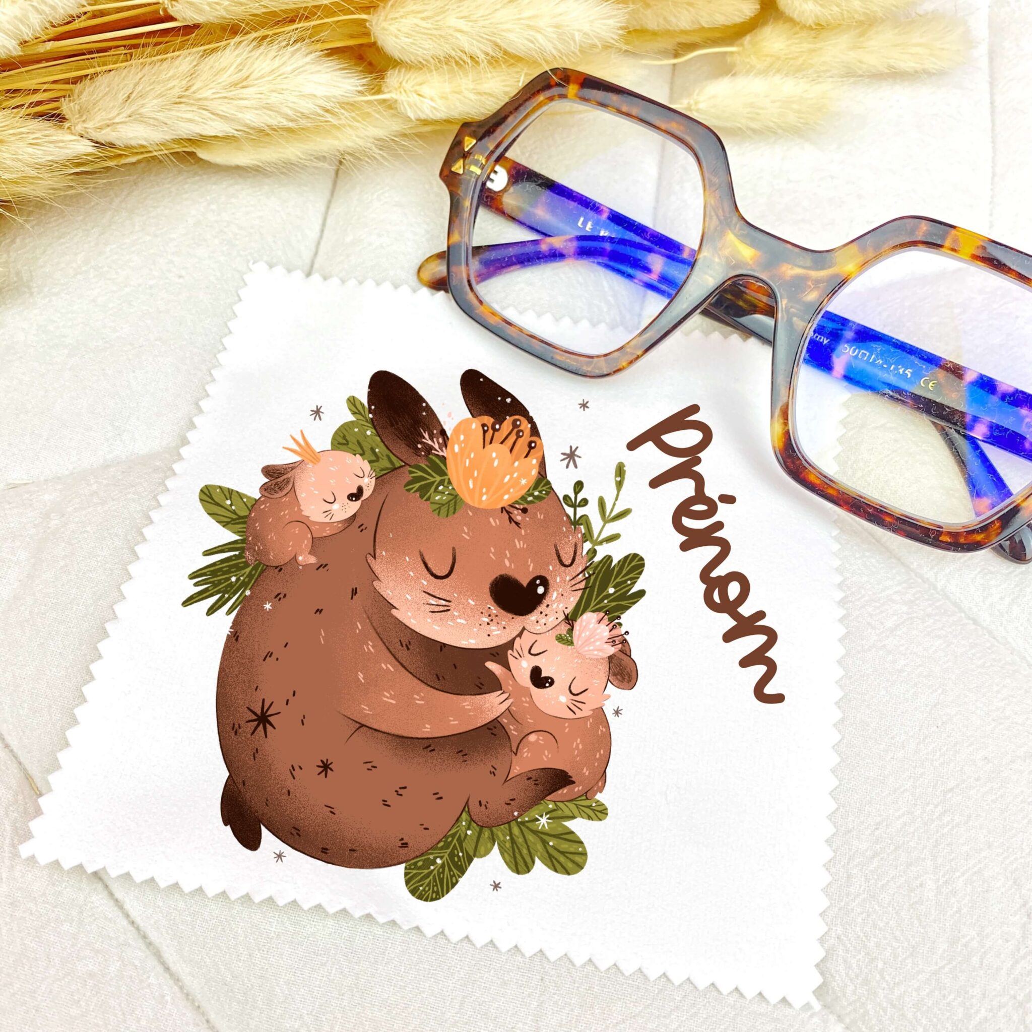 chiffonnette à lunette personnalisée - Maman bébé lapin - Rêve en coton chiffonnette à lunette personnalisée - Maman bébé lapin - Rêve en coton