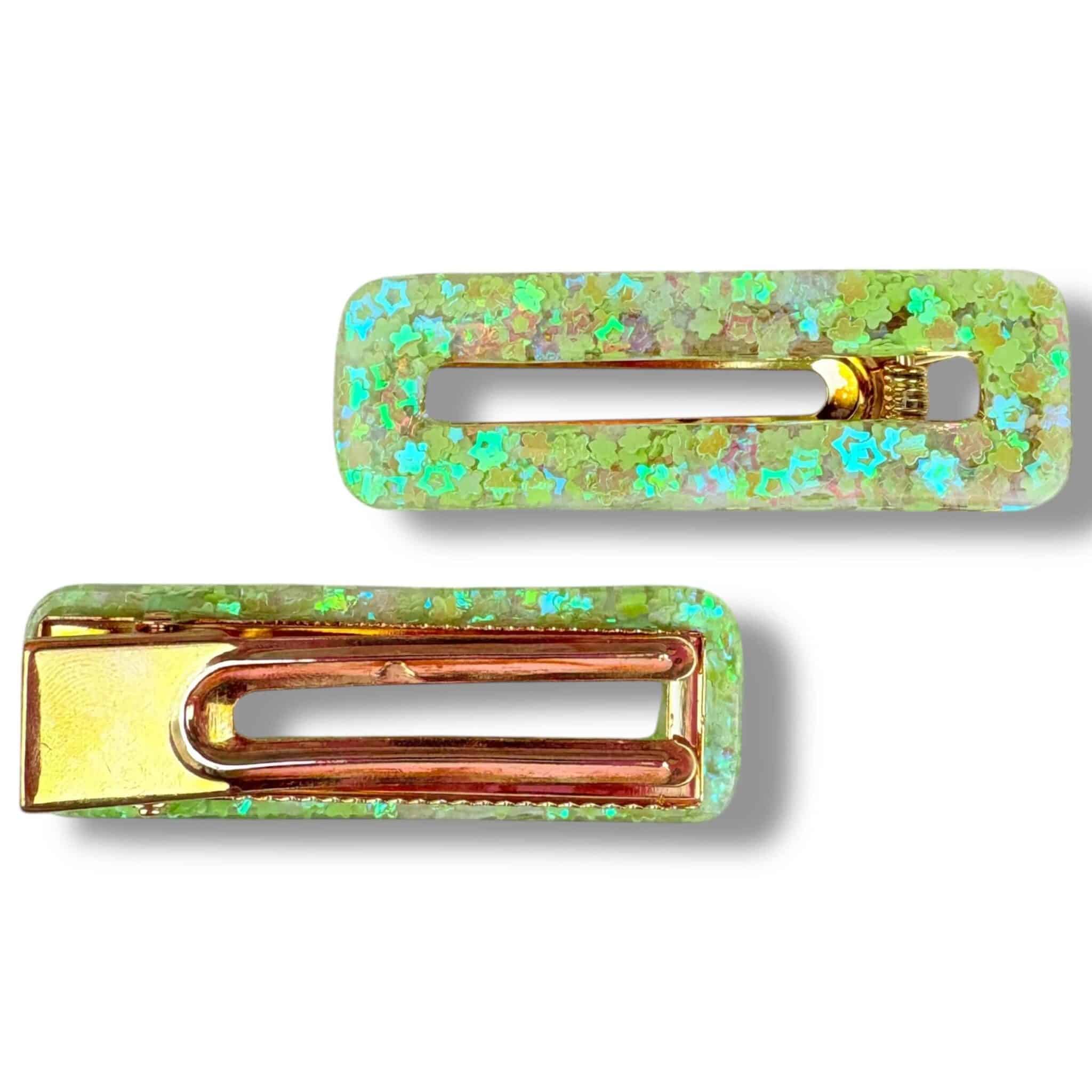 Barrette rectangle méli mélo étoiles vertes et transparentes Barrette rectangle méli mélo étoiles vertes et transparentes