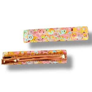 Barrette Plate - rond rose et jaune rêve en coton