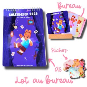 Calendrier 2026 🌸 Commence l’année avec douceur, termine-la avec le sourire 🌸 Le calendrier 2026 Rêve en coton a été entièrement imaginé, dessiné et conçu dans mon petit atelier savoyard pour apporter une touche de tendresse à ton quotidien. Chaque mois est accompagné d’une illustration originale et pleine de poésie, pensée pour égayer tes journées et te rappeler que même les petites choses méritent d’être célébrées. Que tu choisisses un grand format mural, un petit format bureau, un marque-page ou même la version stickers, ce calendrier t’accompagnera partout… avec un brin de magie et beaucoup d’amour. Le joli Duo est composé: Un grand calendrier 2026 format A5 imprimé sur un papier Mat 170 grammes, 14 pages colorés et 1 Page par mois illustrée par mes petites mains, Reliure à anneaux blanc et son attache murale Un petit calendrier 2026 format Bureau avec ou sans son support en bois imprimé sur un papier Mat 170 grammes, 13 pages colorées et 1 Page par mois illustrée par mes petites mains. ⚠️ATTENTION ⚠️ Précommande expédiée en Novembre - Pensez à séparer vos achats des précommandes calendrier 2026 rêve en coton
